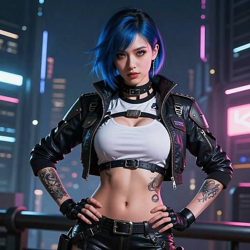 Cyberpunk Woman with Blue Hair in Futuristic City