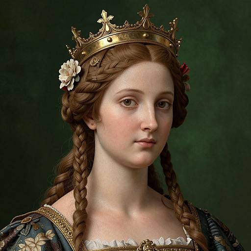 Digital portrait of a fair-skinned, red-haired queen with braided hair, golden crown adorned with white flowers, wearing an ornate, dark blue