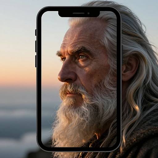 Photograph of an elderly man with a long white beard, framed by a smartphone screen, against a twilight sky.