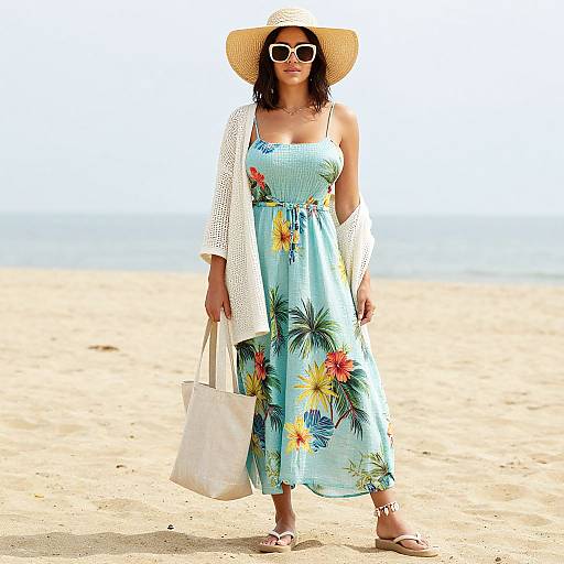 Photograph of a woman on a beach wearing a sunhat, white sunglasses, light blue sundress with floral print, white cardigan, and carrying
