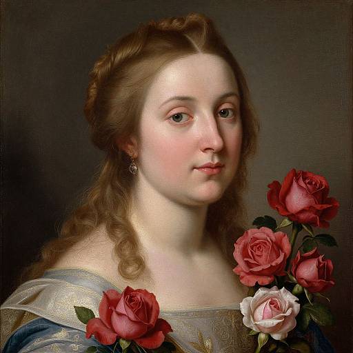 Baroque-style portrait of a fair-skinned woman with wavy brown hair, wearing a blue dress, adorned with red and white roses.