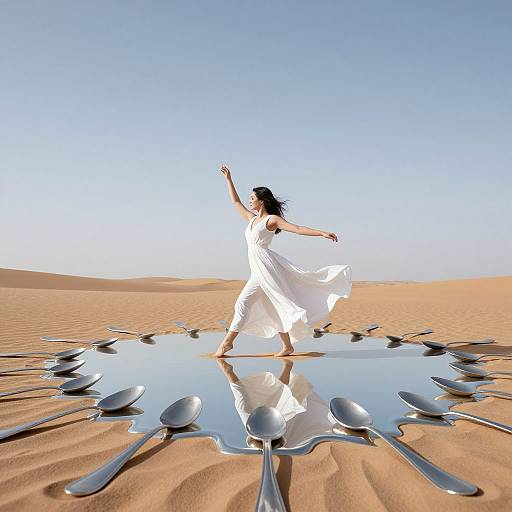 Photograph of a woman in a flowing white dress dancing on a reflective puddle in a desert, surrounded by silver spoons.