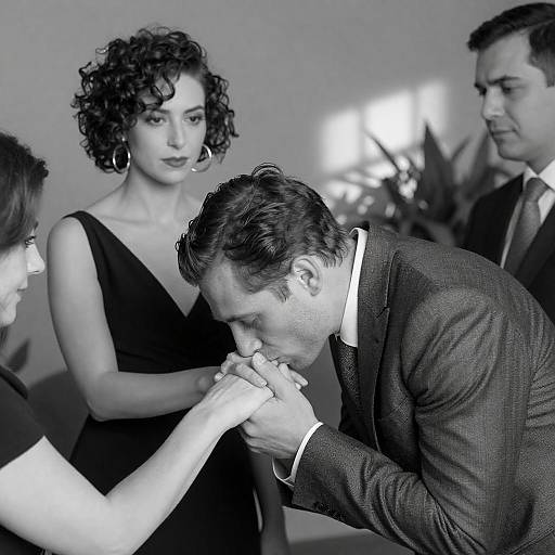 Man Kissing Woman's Hand with Onlookers in Black and White