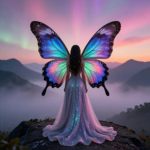 Silhouetted fairy with glowing, multicolored butterfly wings stands on rocky mountain peak, wearing a sparkling, ethereal gown at sunset.