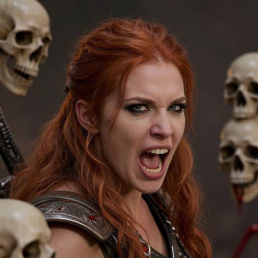 Photograph of fierce, red-haired woman with intense expression, open mouth, wearing dark armor, surrounded by skull props with blood drips.