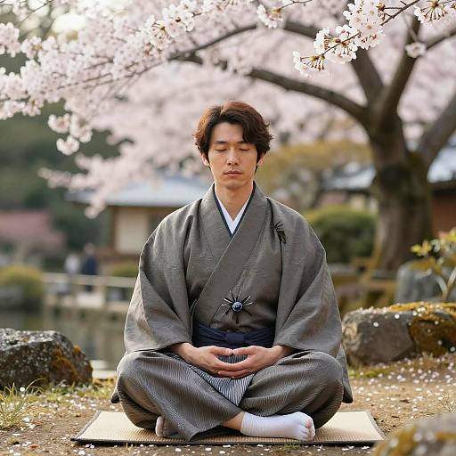 Photograph of a Japanese man with short, dark hair, wearing a grey kimono, meditating cross-legged on a wooden platform under cherry blossom trees