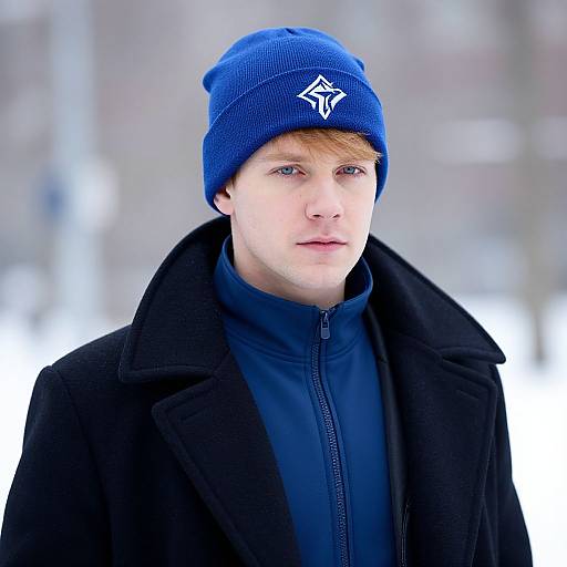 Photograph of a fair-skinned young man with light brown hair, wearing a blue beanie with a white diamond logo, black coat, and blue