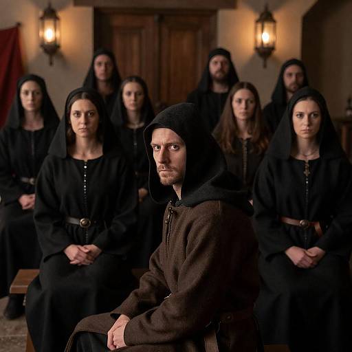 Medieval Gathering in Dimly Lit Room