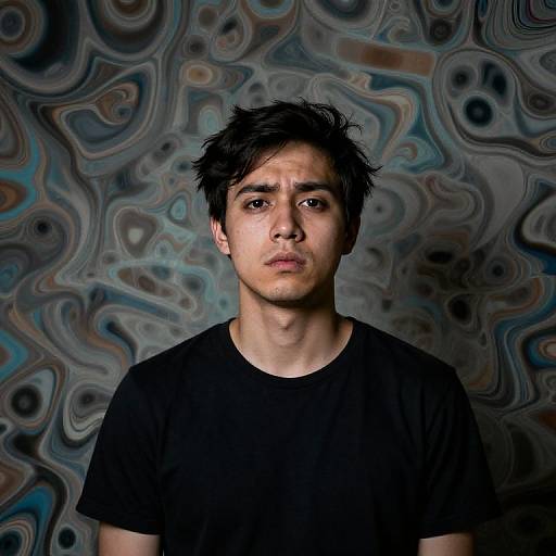 Photograph of a young man with dark, slightly messy hair, wearing a black t-shirt, against a swirling, abstract, marbled background.