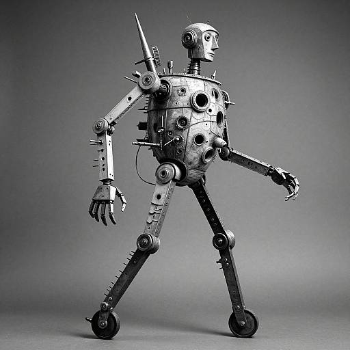 Photograph of a metallic, steampunk-style robot with joints, gears, and wheels, walking against a gradient gray background. The robot has a