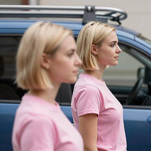 Two Blonde Women in Pink Shirts Standing in Profile