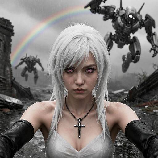 Monochrome Battle Scene with Mecha Girl