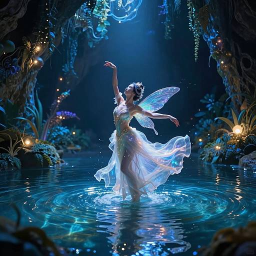 Enchanting digital art of a glowing fairy dancing in a mystical blue-lit forest pond, wearing a flowing white dress and translucent wings, surrounded by