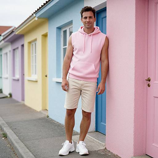 Photograph of a man in a sleeveless pink hoodie, white shorts, and white sneakers, standing against a pastel-colored row of houses.
