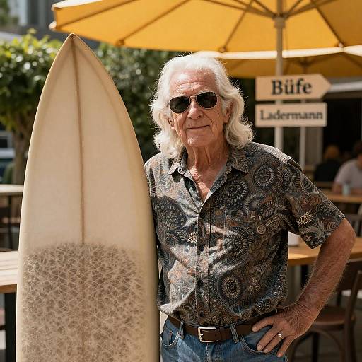 Charming Elderly Surfer at Café