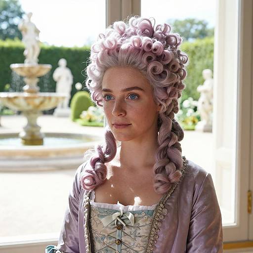Photograph of a young woman with pale pink, curly hair, wearing an 18th-century lavender dress, standing in a sunlit garden with a