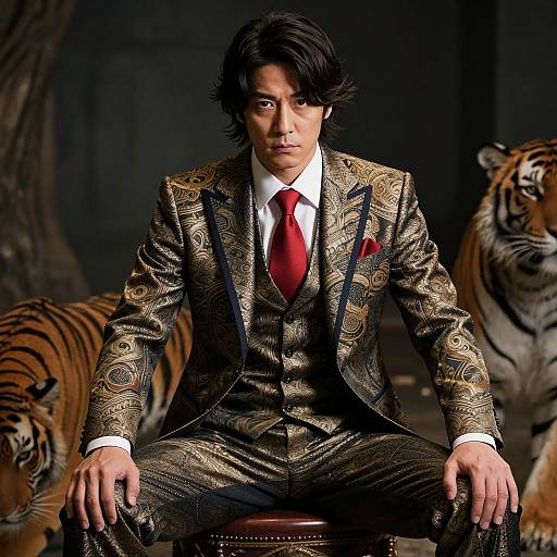 Photograph of an Asian man with dark hair, in an ornate gold patterned suit, red tie, and white shirt, sitting between two t
