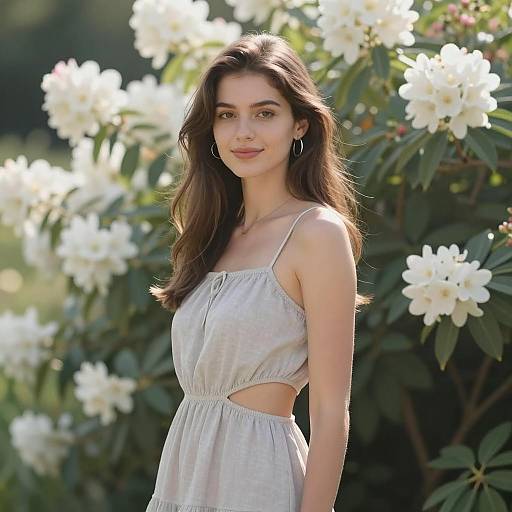 Young Woman in Gray Dress in Flowering Garden