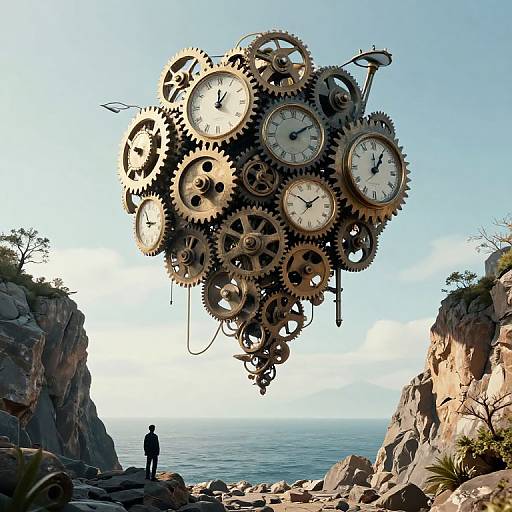 Photograph of oversized floating clock gears with multiple clocks above rocky coastal cliffs, a silhouetted figure stands below.