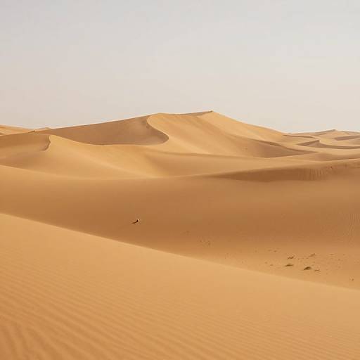 Photograph of a vast, sunlit desert with gently rolling sand dunes in warm orange hues, casting soft shadows under a clear, bright sky.