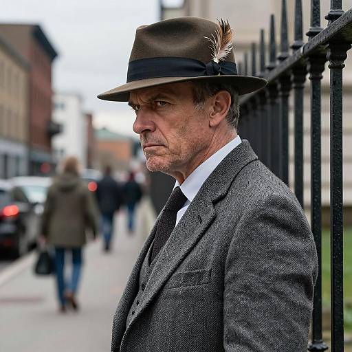 Stern Man in Herringbone Suit Portrait