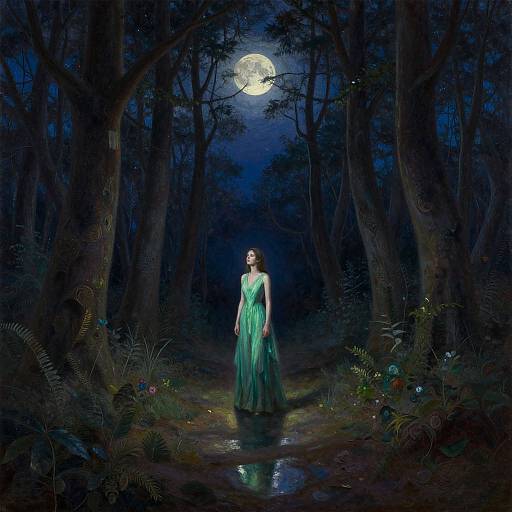 Digital painting of a woman in a green dress standing in a moonlit forest, surrounded by dark trees and glowing plants.