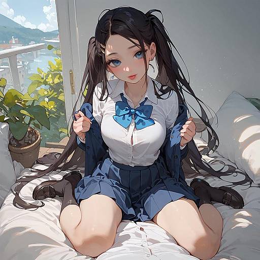 Digital anime-style drawing of a cute, blue-eyed girl with long black pigtails, wearing a white shirt, blue bow, and skirt, sitting