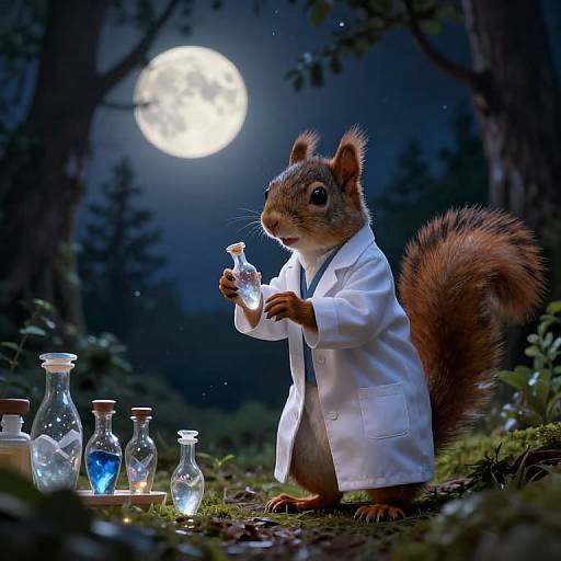 Digital artwork of a squirrel in a white lab coat, examining a glowing test tube under a full moon in a dark forest.