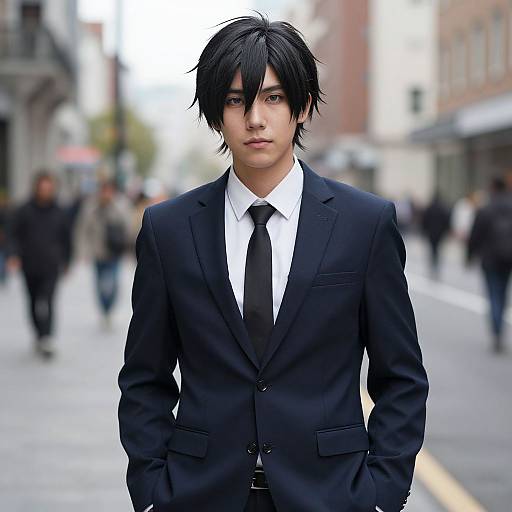 Photograph of a young Asian man with black, messy hair, wearing a black suit, white shirt, and black tie, standing in a blurred,