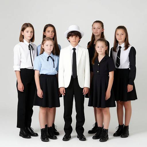 Photograph of seven schoolchildren, six girls and one boy, standing in a row against a white background, wearing black skirts, white or light blue
