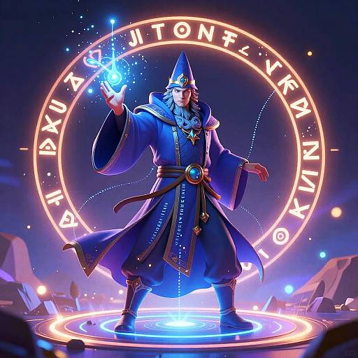 Digital artwork of a wizard in a blue robe, pointed hat, and star necklace, casting a blue magic spell on a glowing circular rune. 