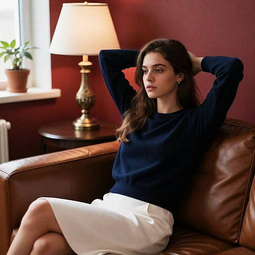 Pensive Woman on a Leather Couch