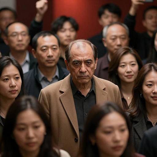 Serious Man Amidst a Joyful Crowd