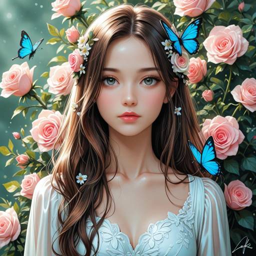 Realistic Girl with Butterflies and Flowers