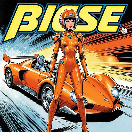 Colorful comic-style illustration of a confident, orange-suited female driver standing in front of an orange sports car, bold 