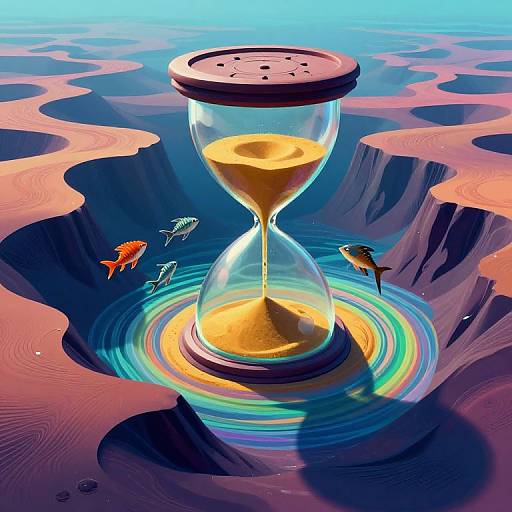 Digital artwork: Hourglass with golden sand, surrounded by three colorful fish, floating on a vibrant, surreal, desert-like planet with blue and pink hues
