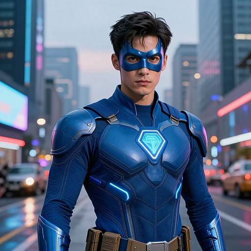 Photorealistic digital artwork of a young, handsome man in a blue, glowing, superhero suit with a mask, standing in a neon-lit,