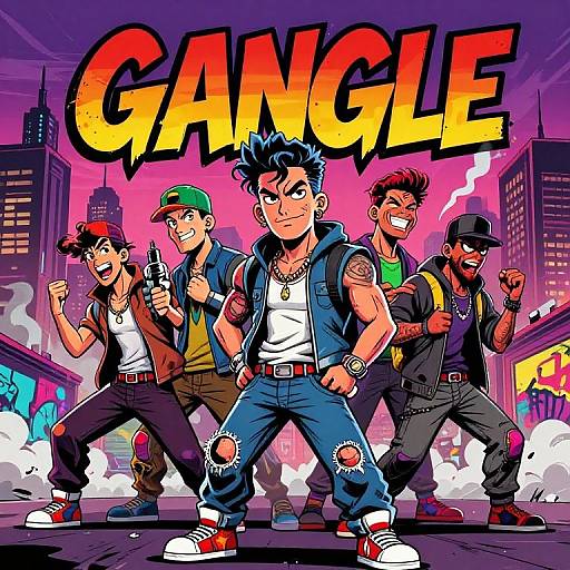 Digital comic-style artwork of five muscular, tattooed men in punk attire, standing confidently in a colorful, graffiti-filled cityscape, with 