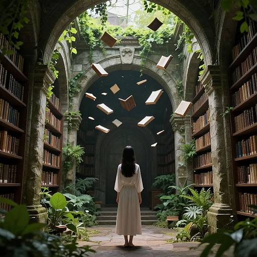 Digital art: A lone woman with long black hair in a white dress stands in a library with archways, surrounded by floating books and lush greenery