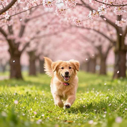 Photograph of a happy, golden retriever puppy running through a sunlit, cherry blossom-lined park with vibrant green grass.