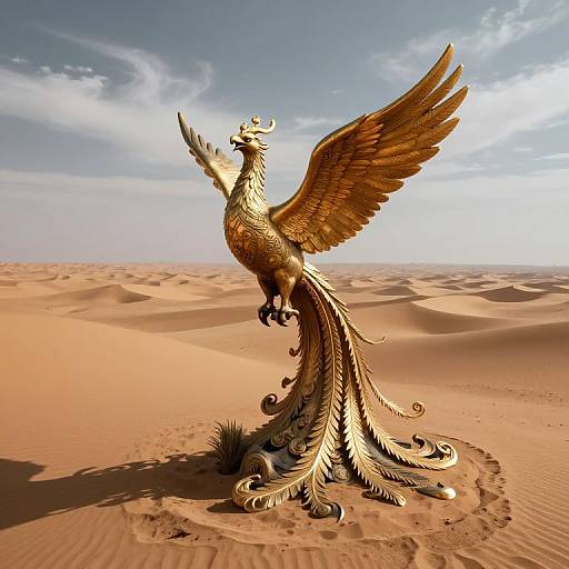 Photorealistic CGI of a golden phoenix with outstretched wings and elaborate tail, standing on a desert dune under a bright sky.