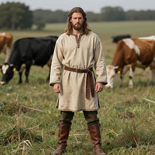 Medieval Shepherd in Pastoral Field