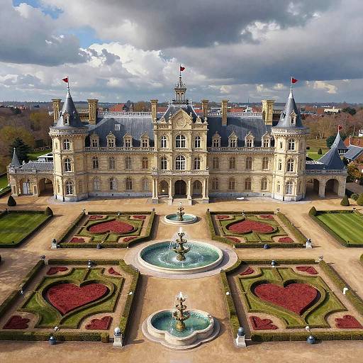 Photograph of a grand, beige chateau with blue-gray roofs, surrounded by symmetrical, heart-shaped garden beds, and central fountains, under