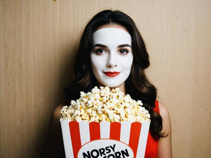 Woman with White Face Paint Holding Popcorn