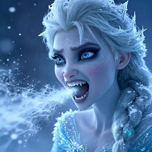 Digital artwork of a fierce, white-haired, blue-eyed Elsa with glowing ice powers, mouth open, shouting, surrounded by icy blue snowflakes.