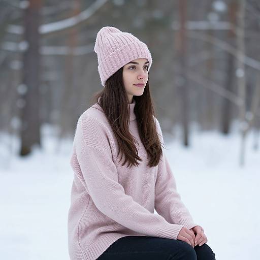 Photograph of a young woman with long dark hair, wearing a pink knit beanie and sweater, sitting in a snowy forest.