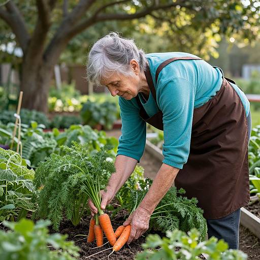 Photograph of an elderly woman with gray hair, wearing a teal shirt and brown apron, gardening, planting orange carrots in a lush, green garden