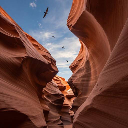 Photograph of Antelope Canyon's vibrant, red-orange, wavy sandstone walls with a bright blue sky and flying birds in the background.