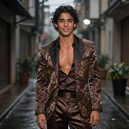 Photograph of a curly-haired young man with tan skin, wearing a shiny, patterned brown suit and unbuttoned shirt, standing in a rainy