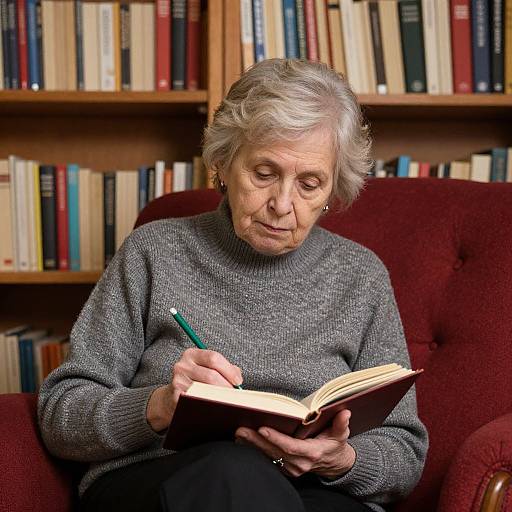 Photograph of an elderly woman with short gray hair, wearing a gray knit sweater, writing in a book while seated in a red armchair, surrounded